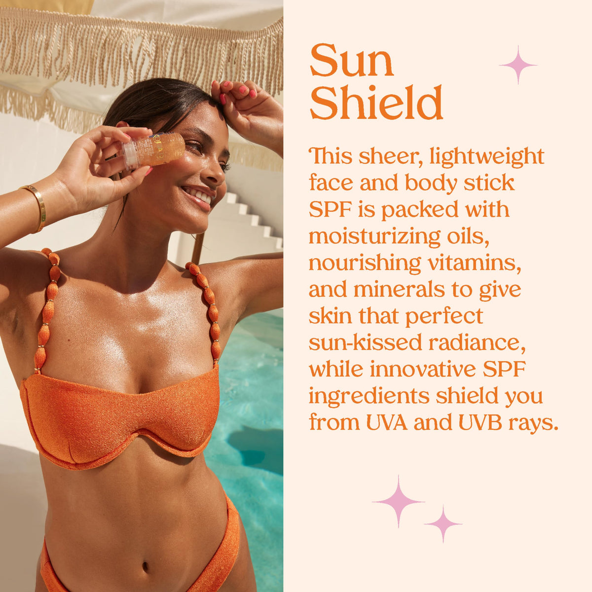 Kopari sunscreen stick held in hand to show 1 oz size and convenient portability