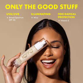 kopari applied under foundation demonstrating primer and longevity benefit
