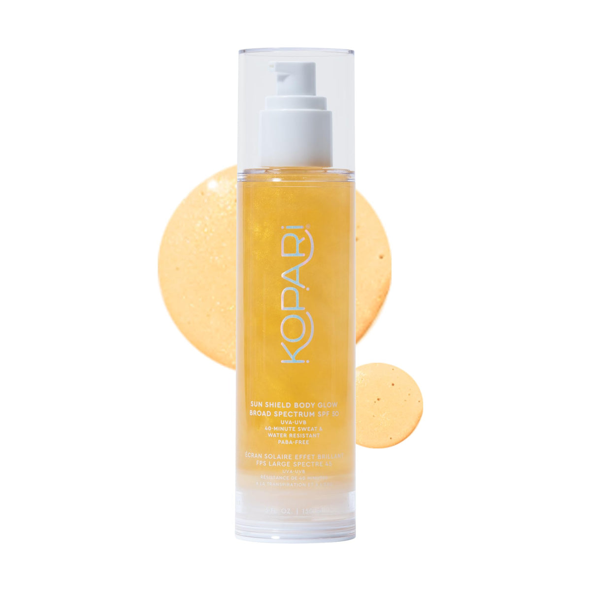 Kopari front label showing SPF 50 and glowing finish benefit
