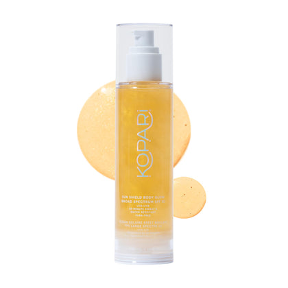 Kopari front label showing SPF 50 and glowing finish benefit