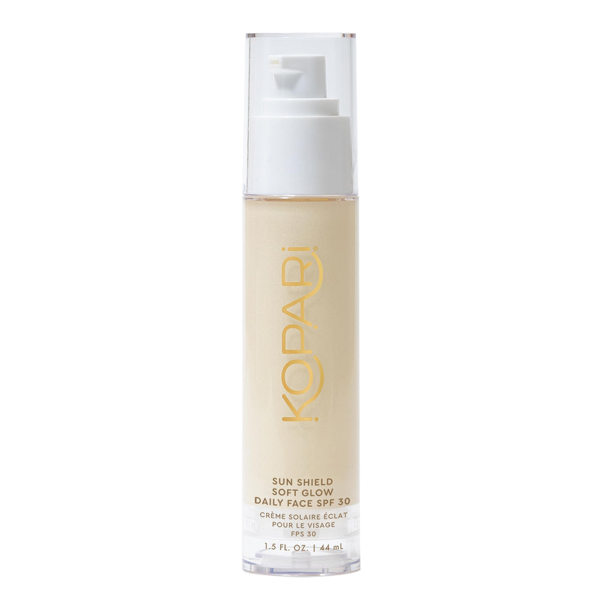 kopari bottle front packaging showing SPF and soft glow benefit