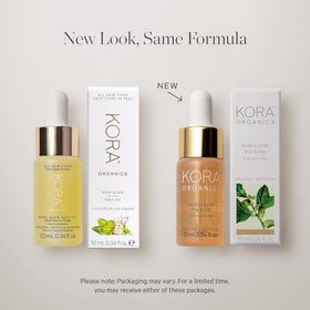 kora organics bottle styled on vanity suggesting daily ritual and luminous finish