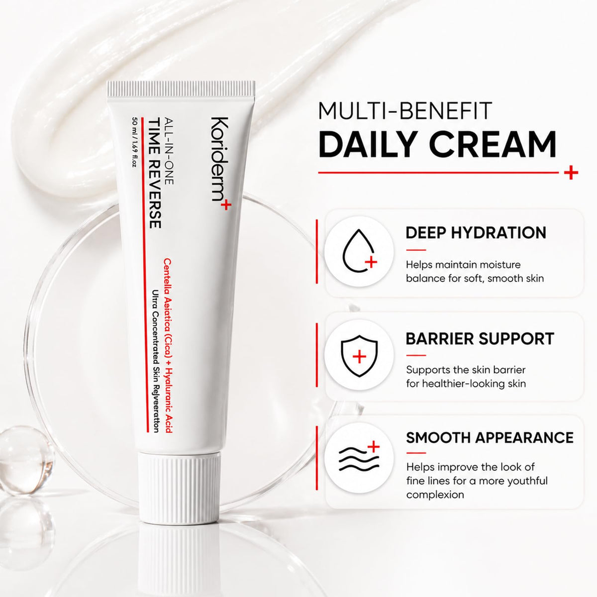 KORIDERM cream texture closeup displaying lightweight, fast absorbing benefit