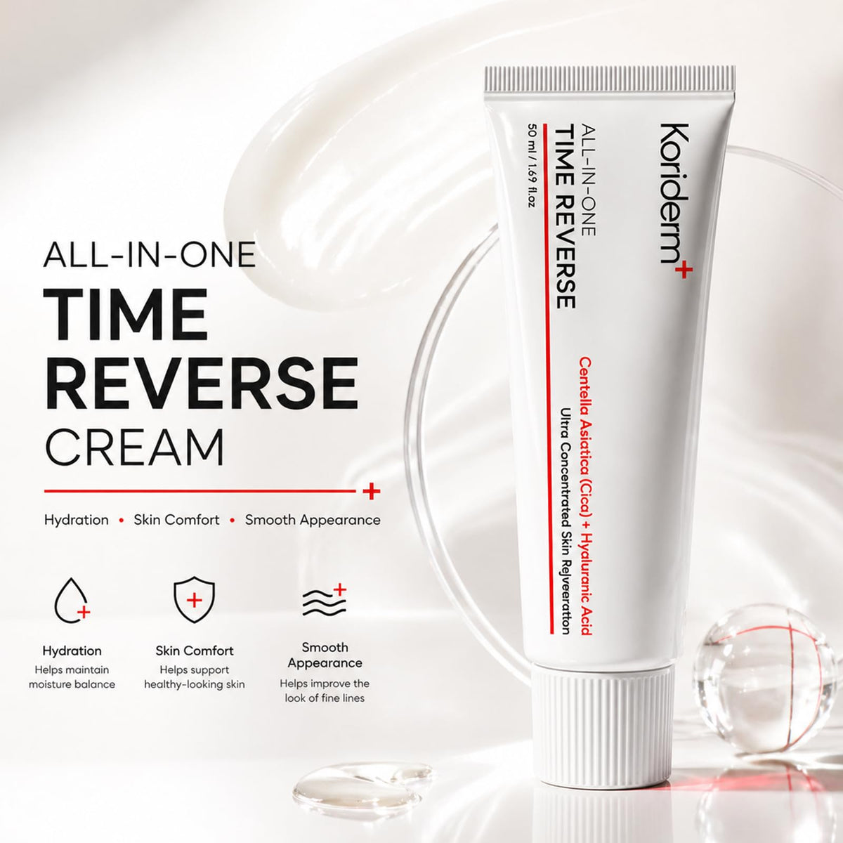KORIDERM cream spread on skin showing smooth finish and immediate hydration benefit
