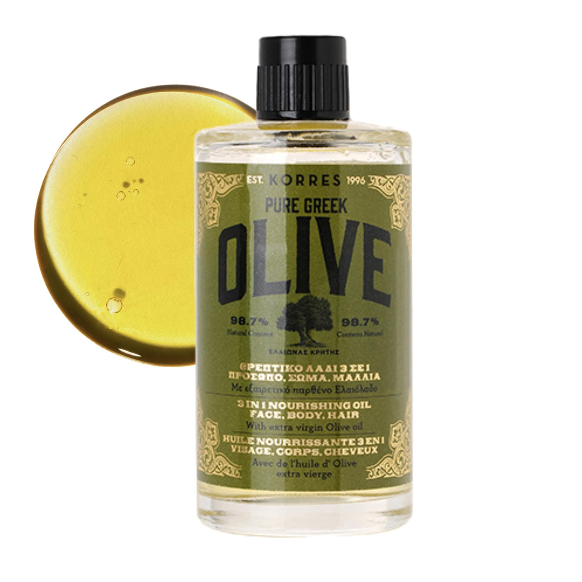 KORRES front bottle view showcasing pure olive oil nourishing formula