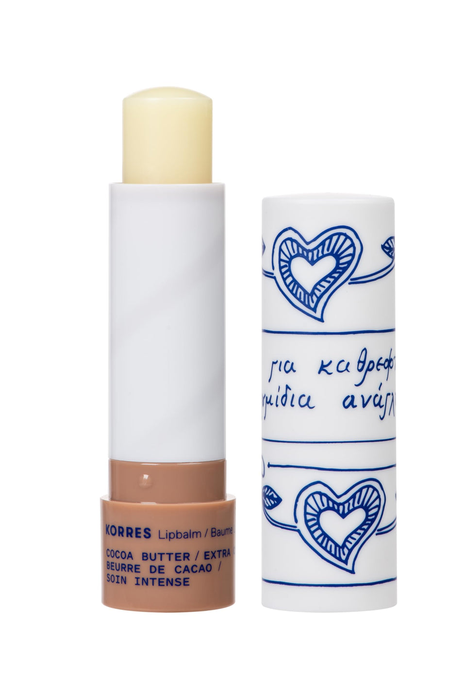 KORRES lip butter stick front packaging showing cocoa butter benefits