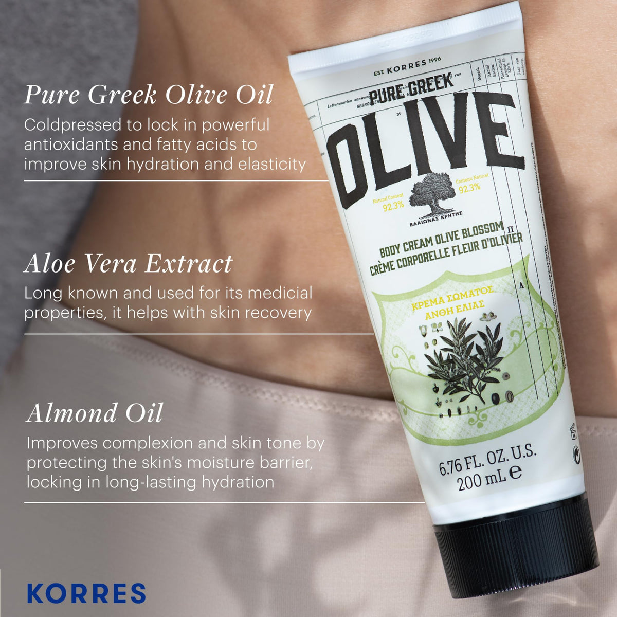 KORRES lotion applied on arm demonstrating moisturized, softer-looking skin