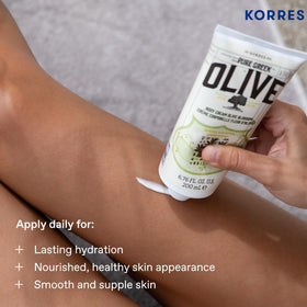 KORRES lotion on bathroom shelf conveying clean, Mediterranean-inspired daily care
