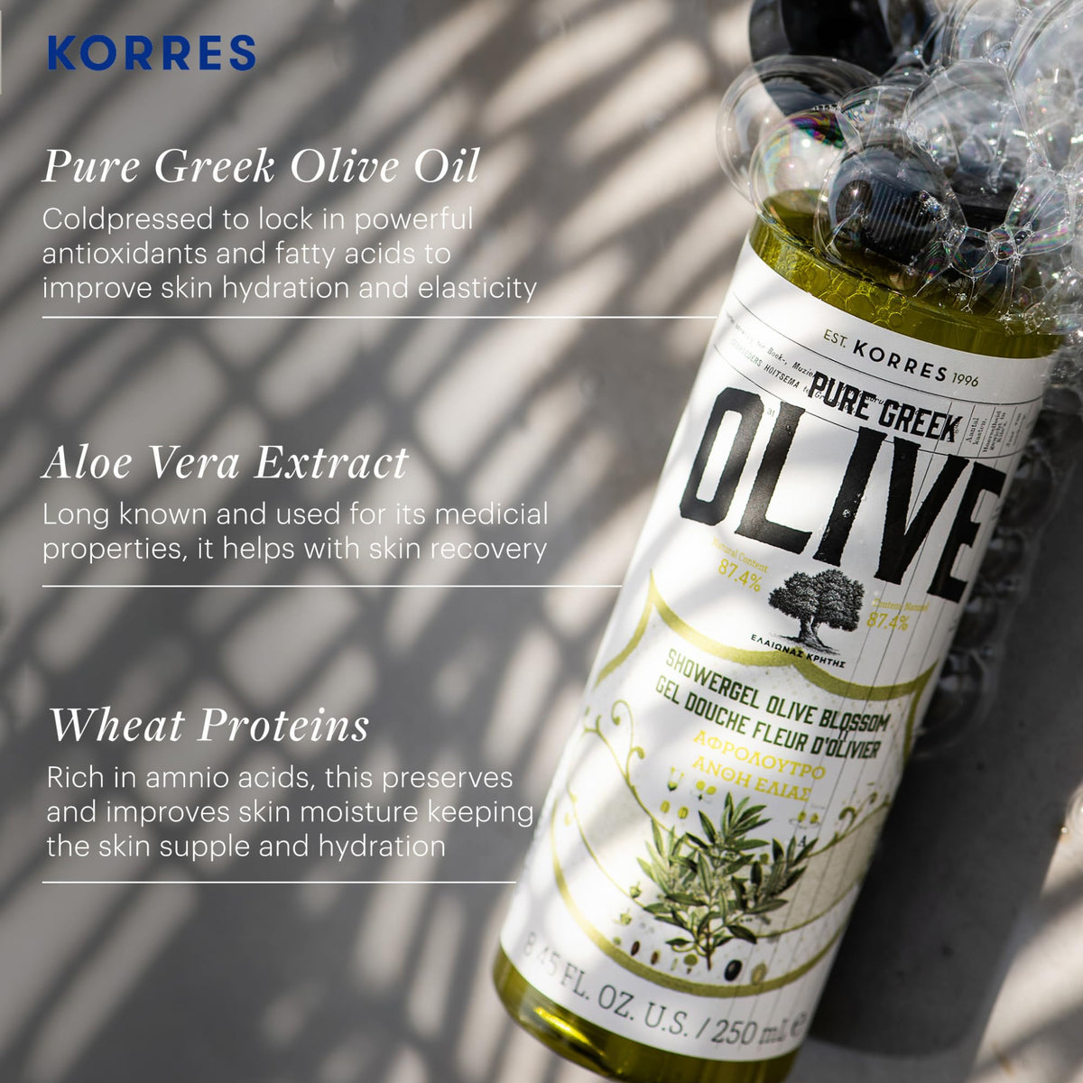 KORRES olive oil drop on palm highlighting nutrient-rich moisturizing oil
