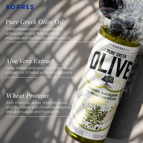 KORRES olive oil drop on palm highlighting nutrient-rich moisturizing oil