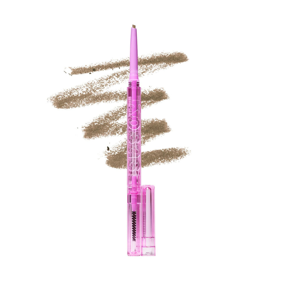 Kosas Brow Pop pencil front view showing compact dual-ended design for portability