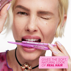 Kosas Brow Pop scale comparison showing pencil size for travel convenience