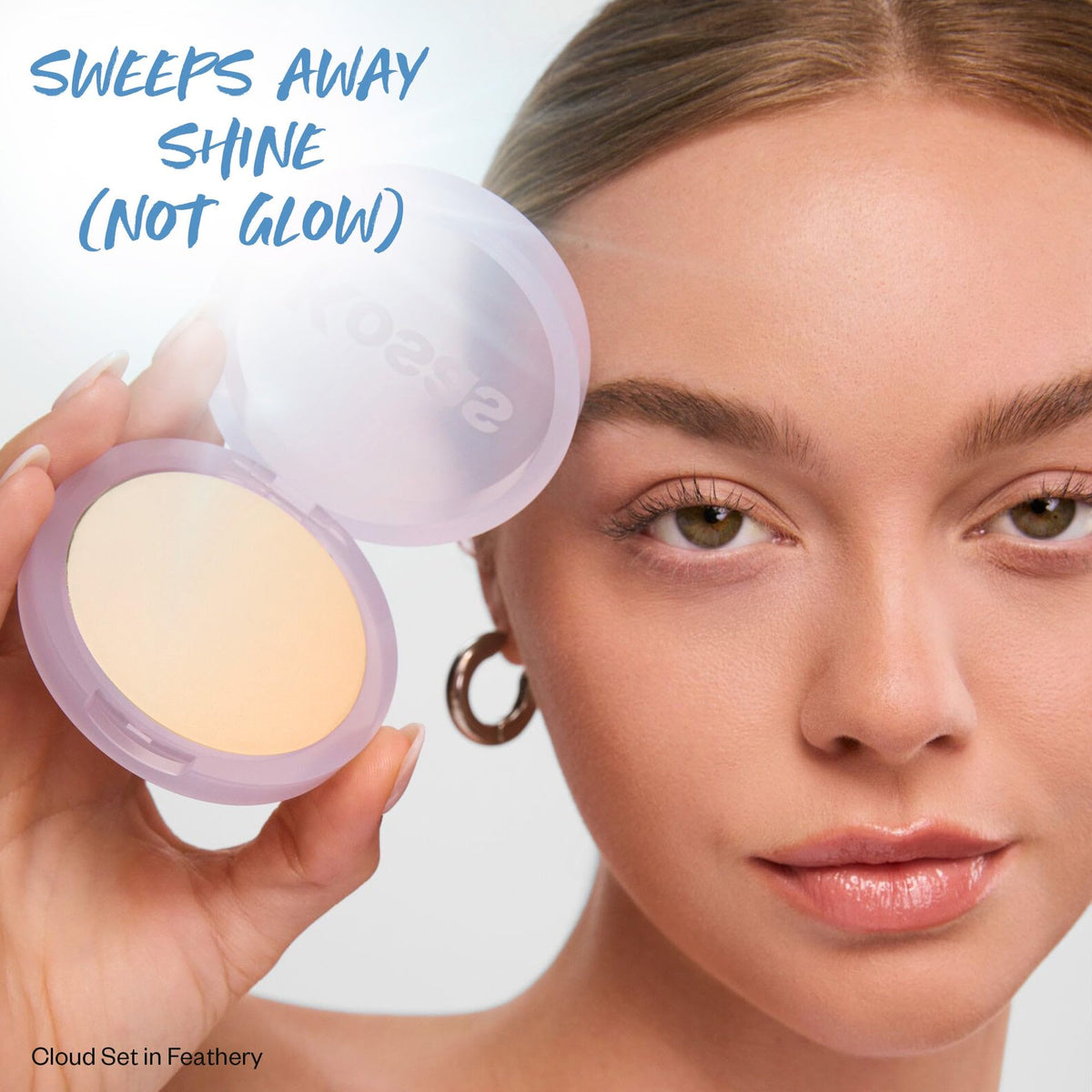 Kosas powder being swept with brush to set makeup and reduce shine benefit