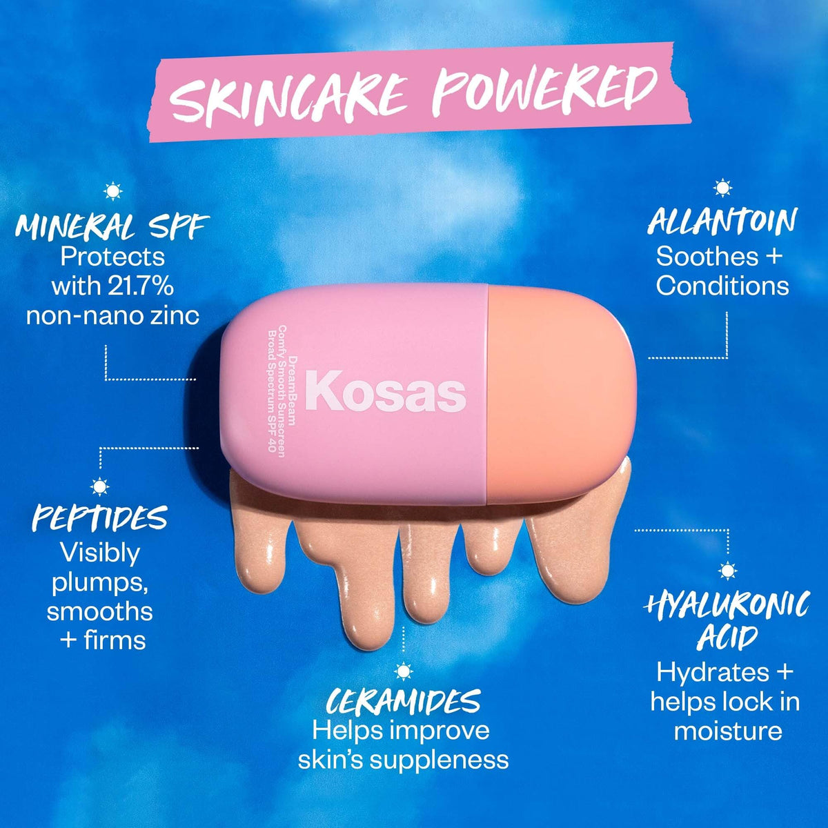 Kosas DreamBeam beside a ruler to show the 40 ml size for travel and purse convenience