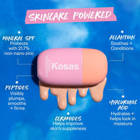 Kosas DreamBeam beside a ruler to show the 40 ml size for travel and purse convenience