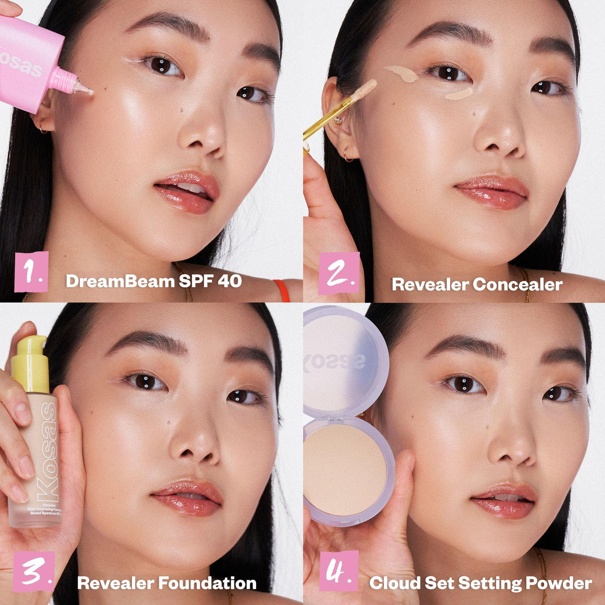 Kosas DreamBeam with other travel essentials highlighting portable SPF protection