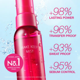 Kose Make Keep Mist EX bottle close-up highlighting bi-layer formula, visible hydration benefit