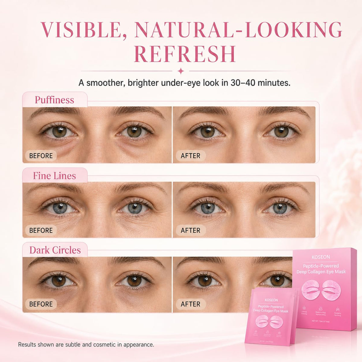 KOSEON patches applied to under-eye, demonstrates depuffing and comfortable wear
