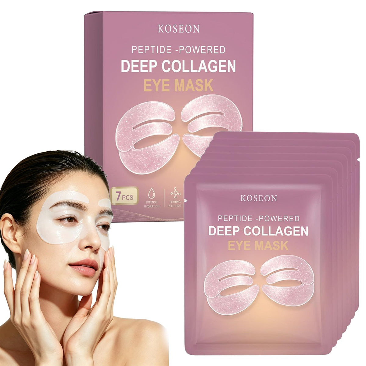 koseon front packaging showing seven collagen eye mask sachets and benefits