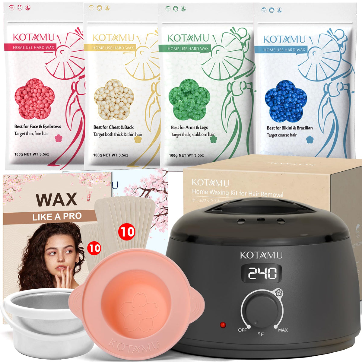 KOTAMU front packaging showing full kit contents for home waxing benefits