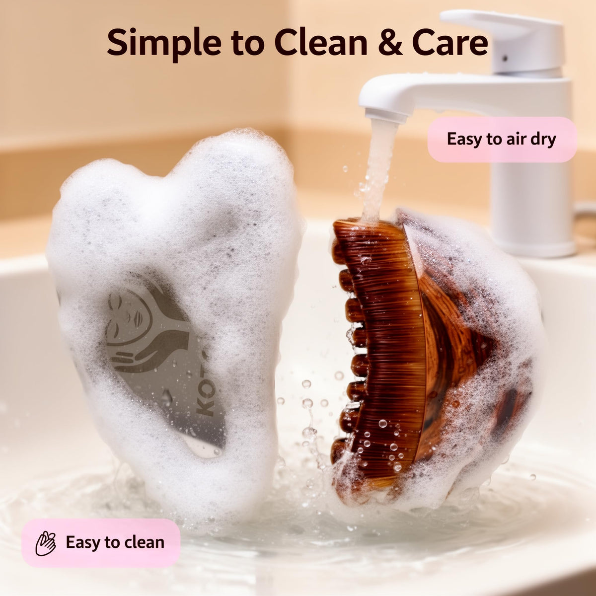 Kotomotoy brush rinsed under water highlighting easy cleaning and hygiene