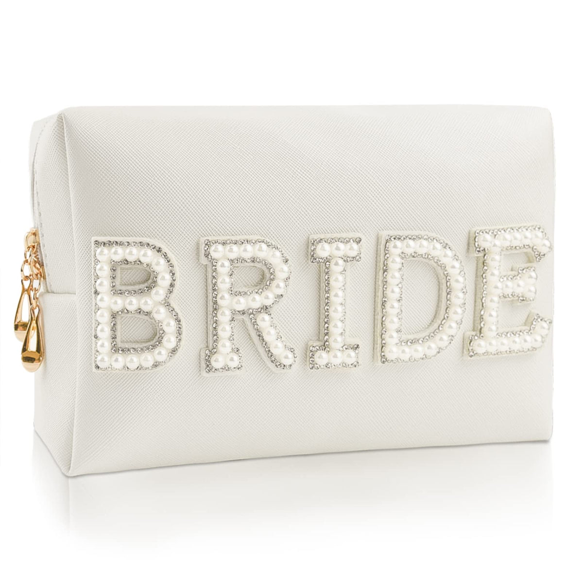 Kovewon front view of white cosmetic bag with BRIDE patch showing elegant look