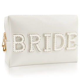 Kovewon front view of white cosmetic bag with BRIDE patch showing elegant look