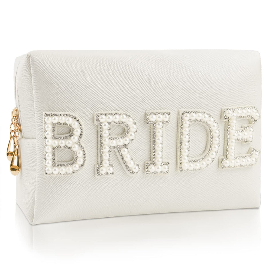 Kovewon front view of white cosmetic bag with BRIDE patch showing elegant look