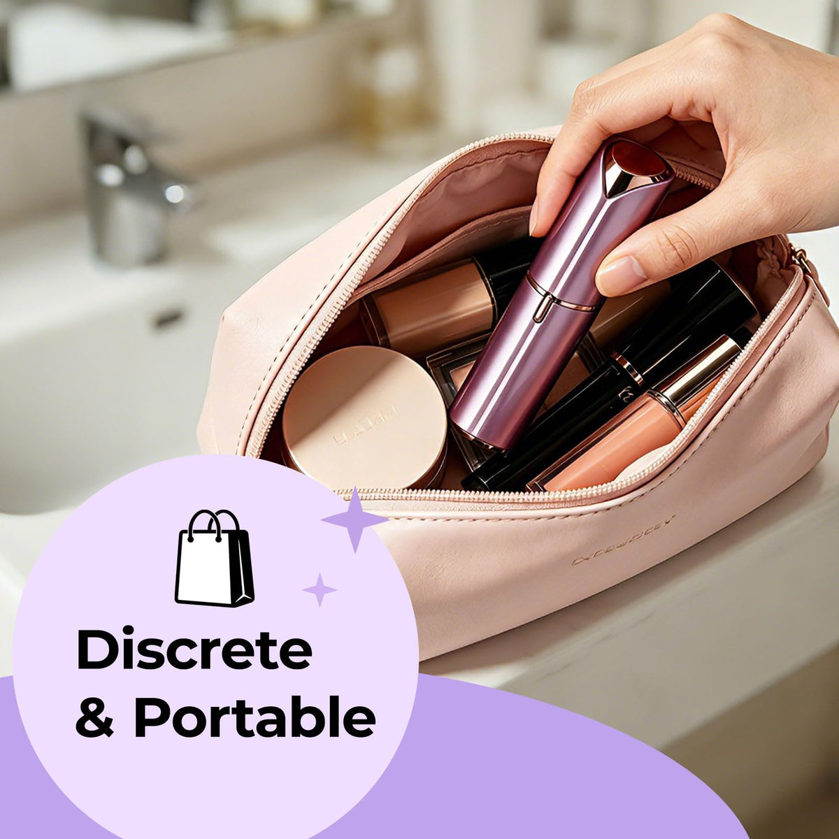 KRADAA placed next to makeup bag showing quick touch-up benefit