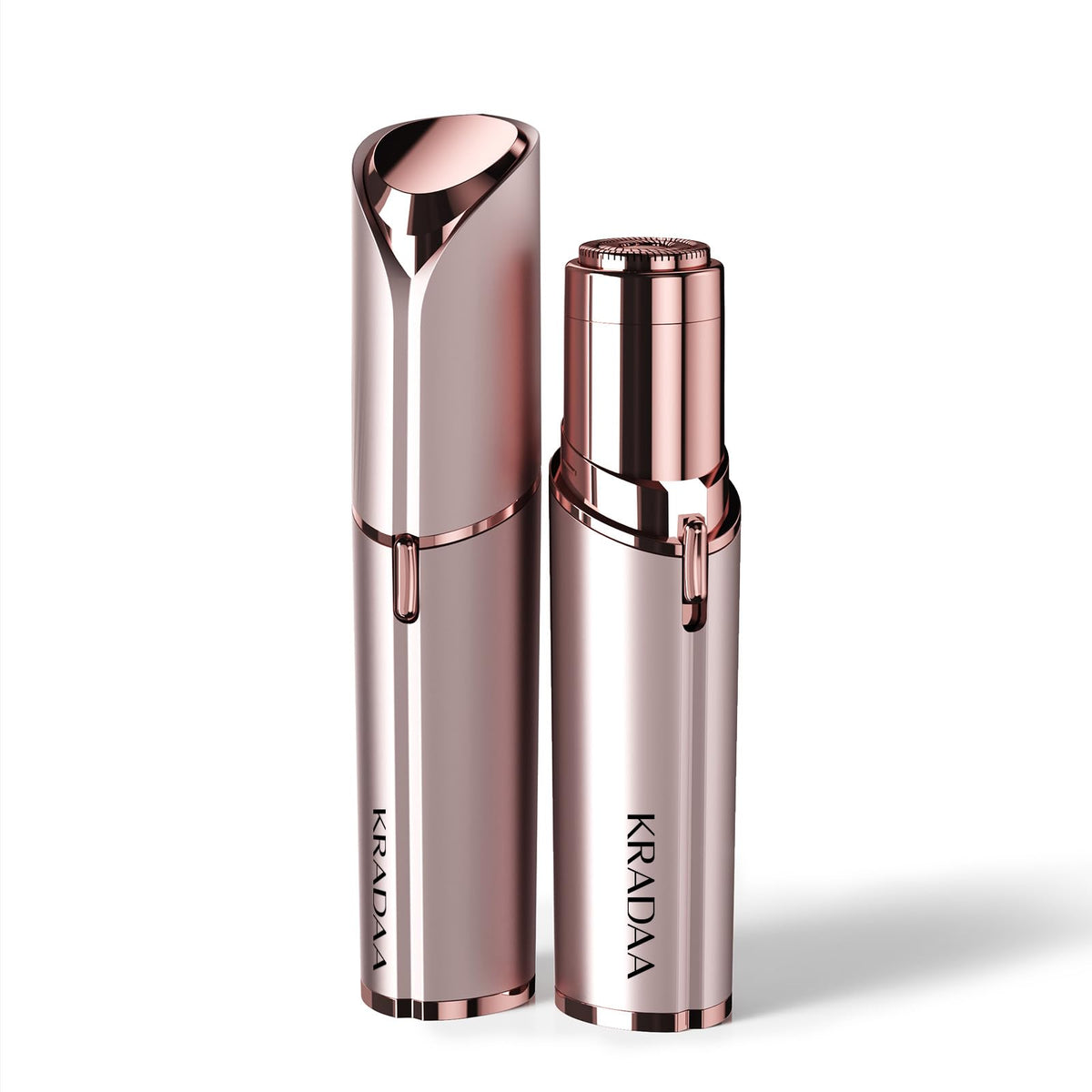 KRADAA rose gold front view showing sleek travel-ready facial razor for quick touch-ups