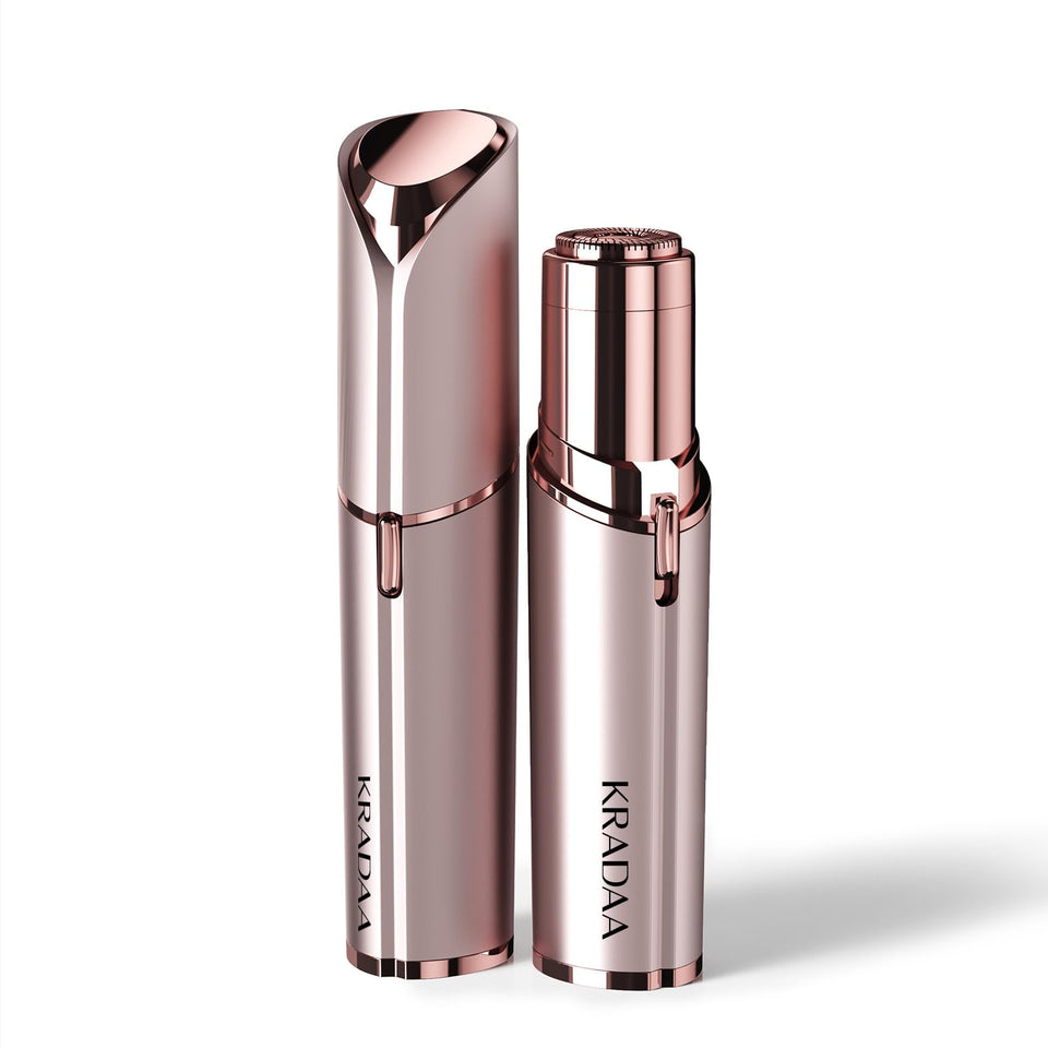 KRADAA rose gold front view showing sleek travel-ready facial razor for quick touch-ups