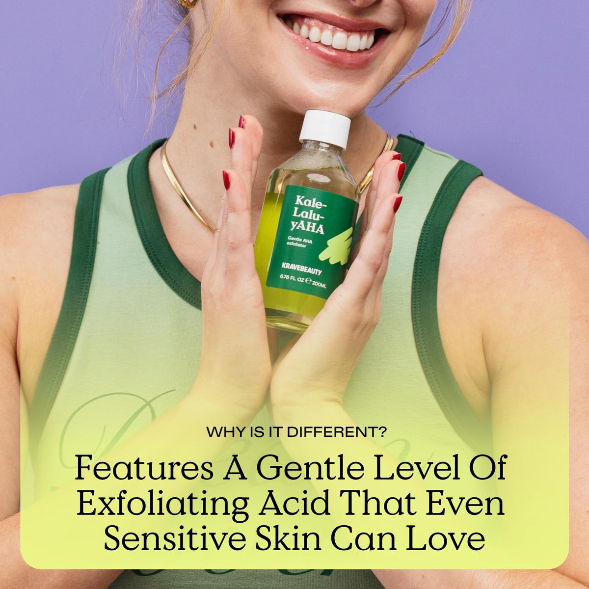 KraveBeauty bottle beside kale leaves showing botanical green blend benefits