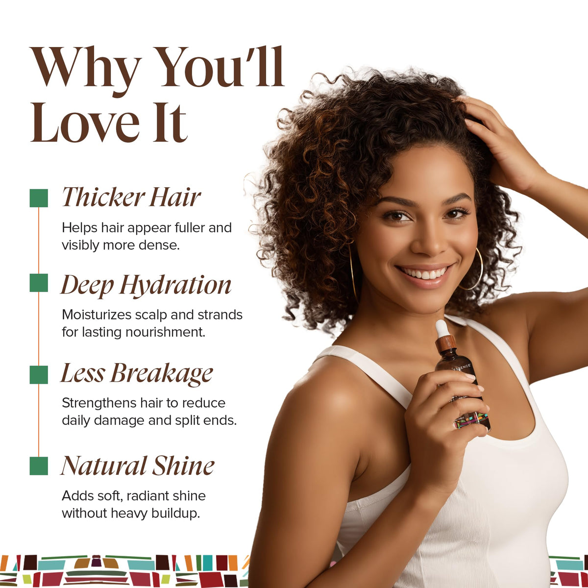 KREYÒL ESSENCE oil drop on fingers showing thick, moisturizing texture for hair benefit