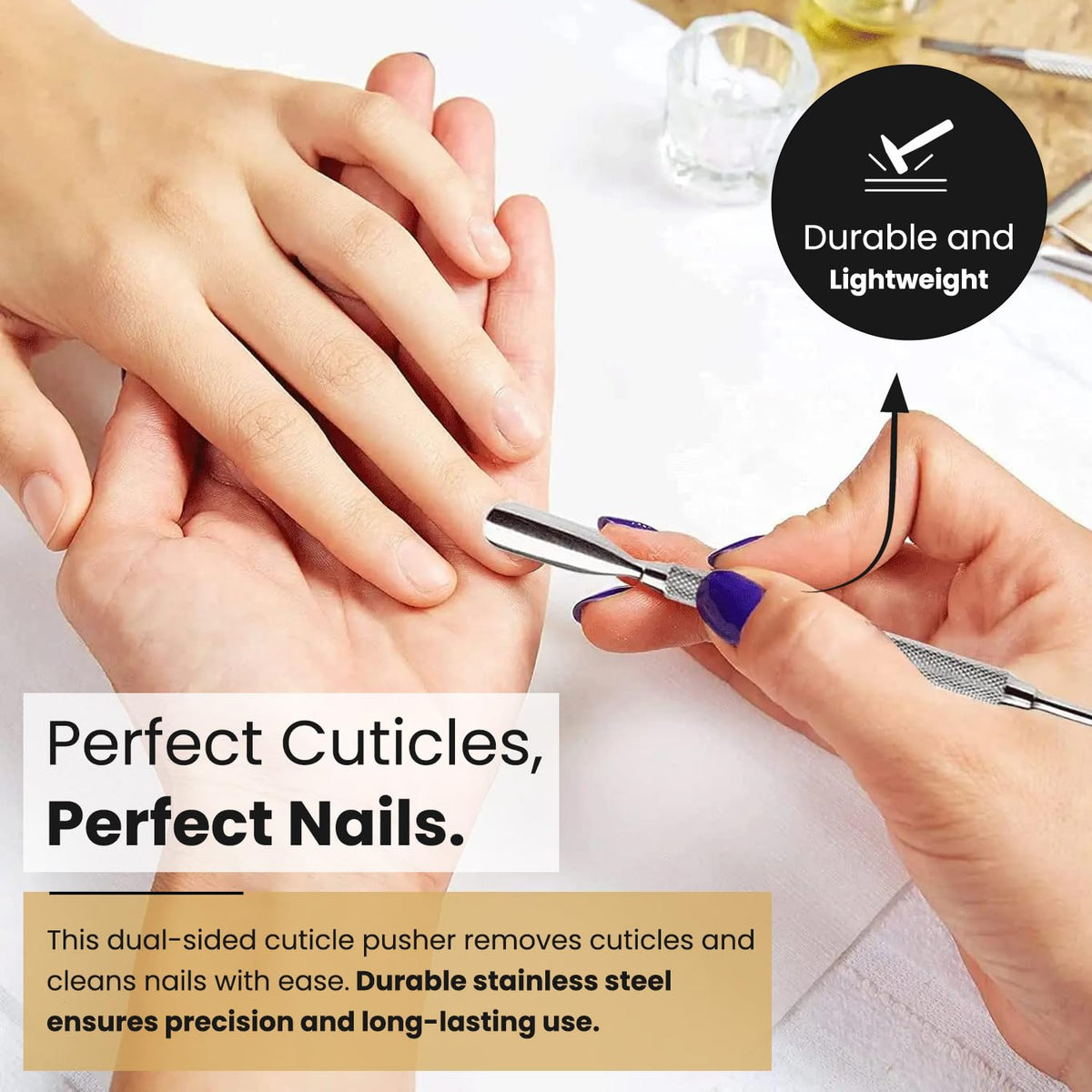 Krisp Beauty flat end detail showing smooth finish for gentle cuticle pushing benefit