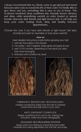 Kristin Ess gloss being applied in-shower to tone bronde hair for shine