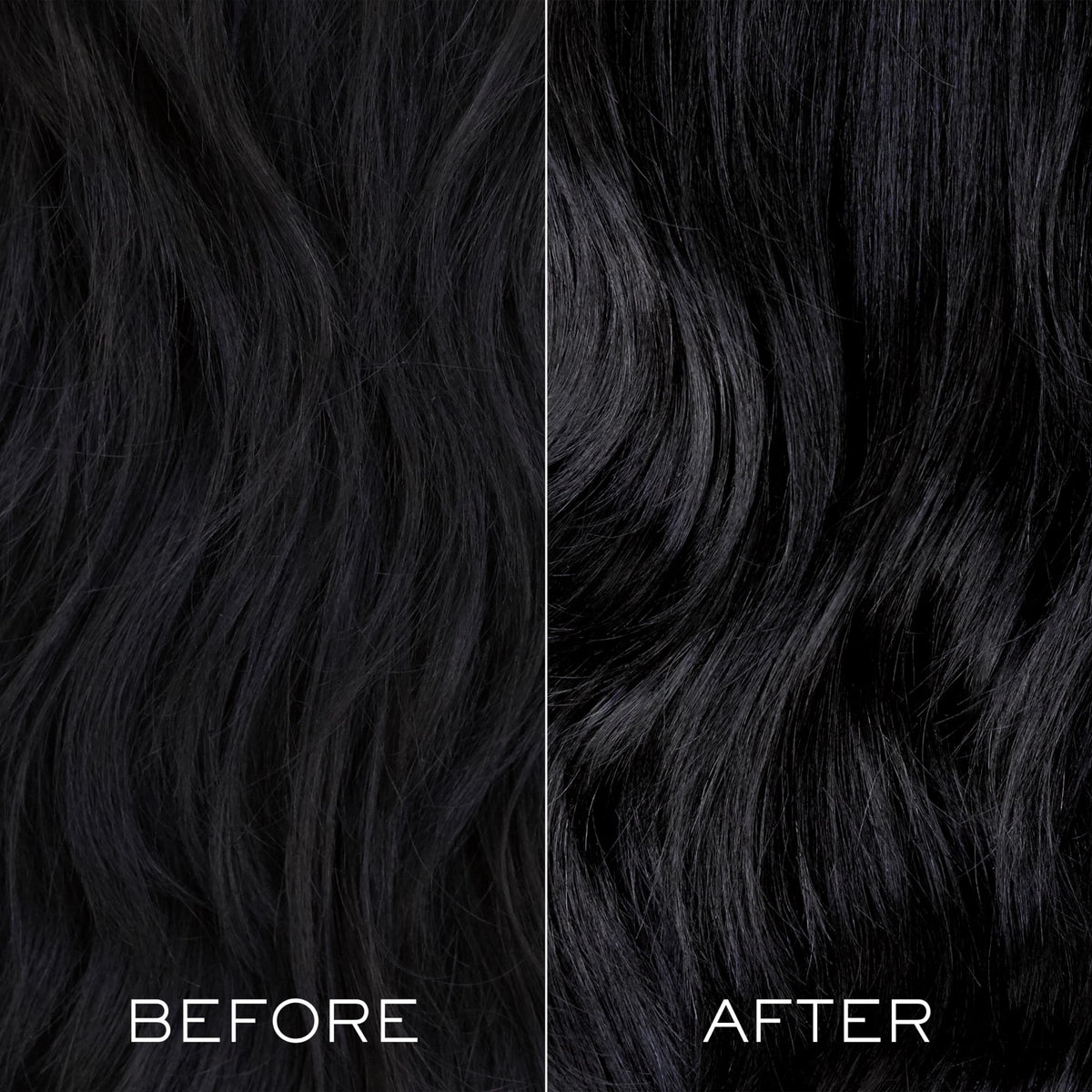 Before and after hair comparison with Kristin Ess showing deeper black and shine benefit