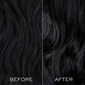 Before and after hair comparison with Kristin Ess showing deeper black and shine benefit