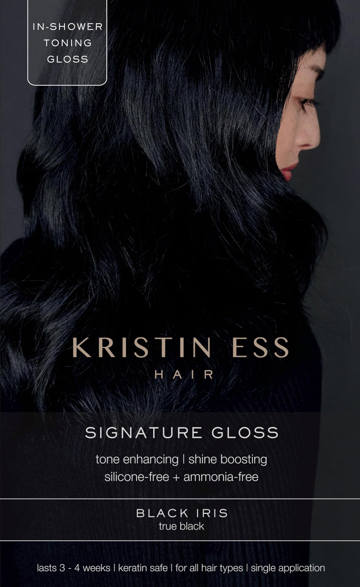 Kristin Ess front packaging showing gloss bottles and true black benefit