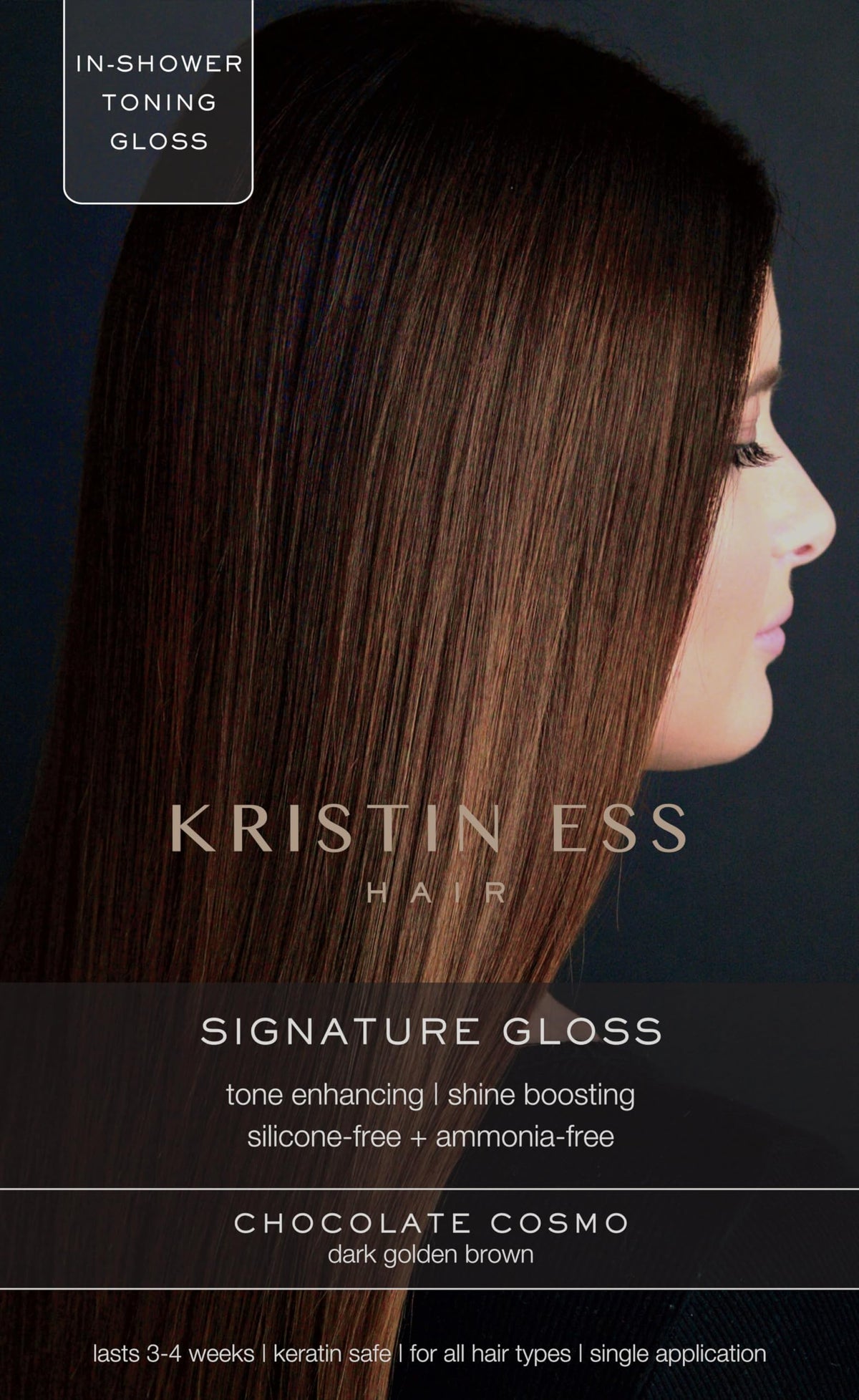 Kristin Ess front packaging showing Chocolate Cosmo gloss and benefits
