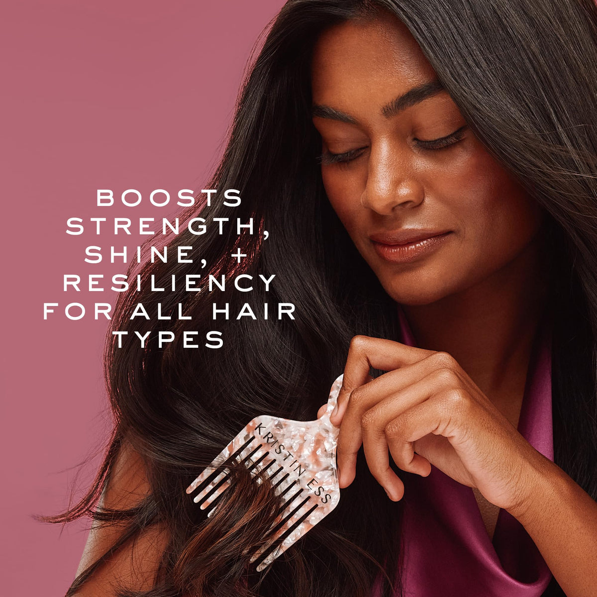 Kristin Ess next to a ruler showing 10 oz size and travel-ready benefit