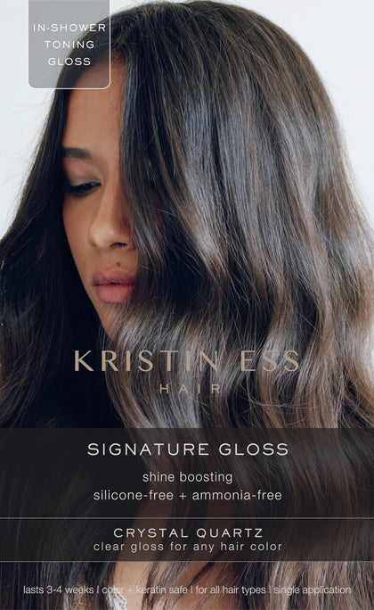 Kristin Ess front packaging showing crystal quartz gloss for instant shine
