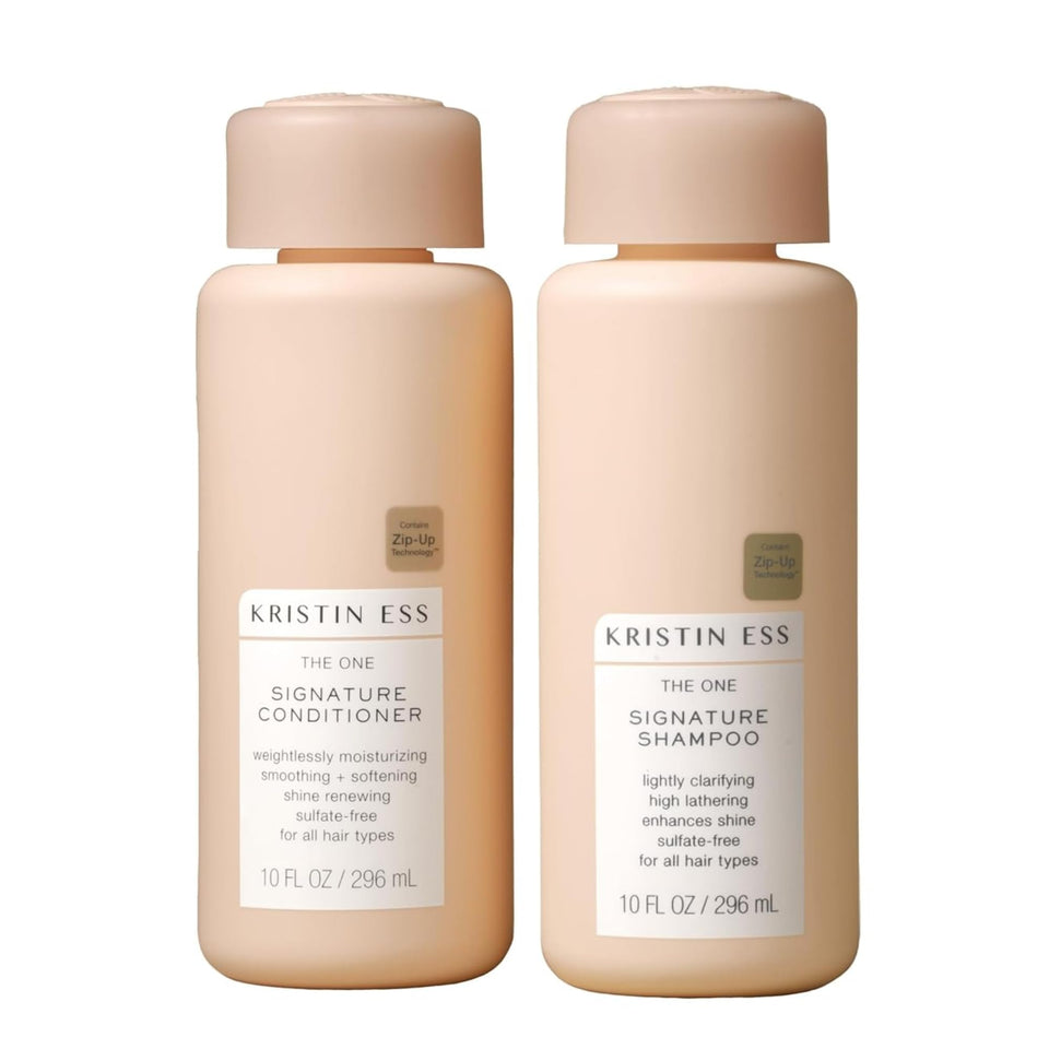 Kristin Ess front packaging showing shampoo and conditioner, professional salon results