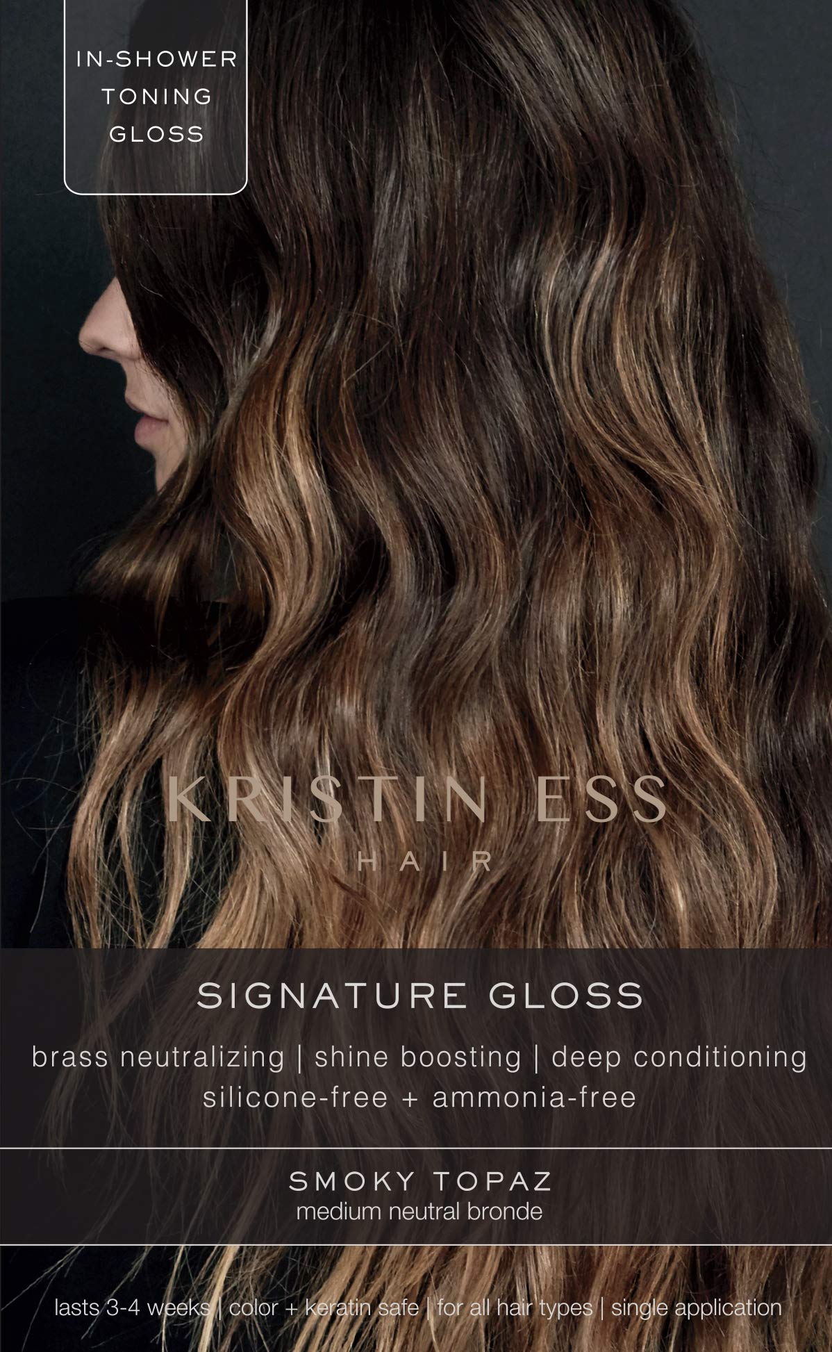 Kristin Ess front packaging showing Smokey Topaz gloss and benefits