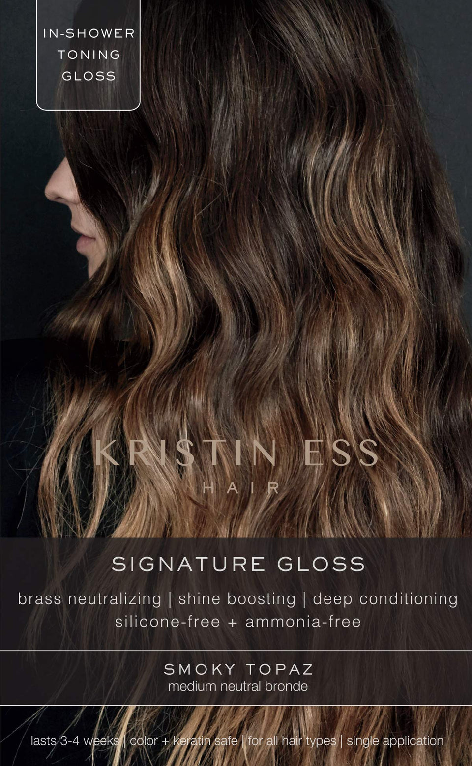 Kristin Ess front packaging showing Smokey Topaz gloss and benefits