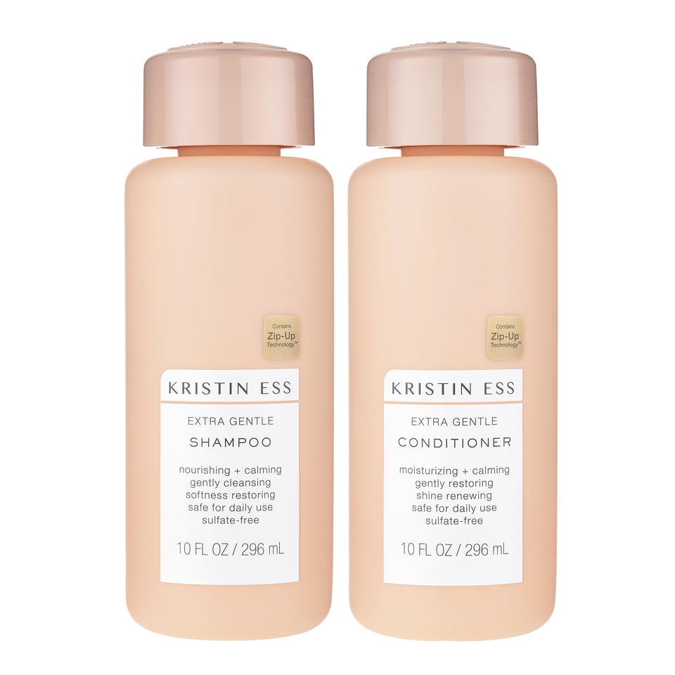 Kristin Ess front packaging showing shampoo and conditioner, gentle cleansing benefit