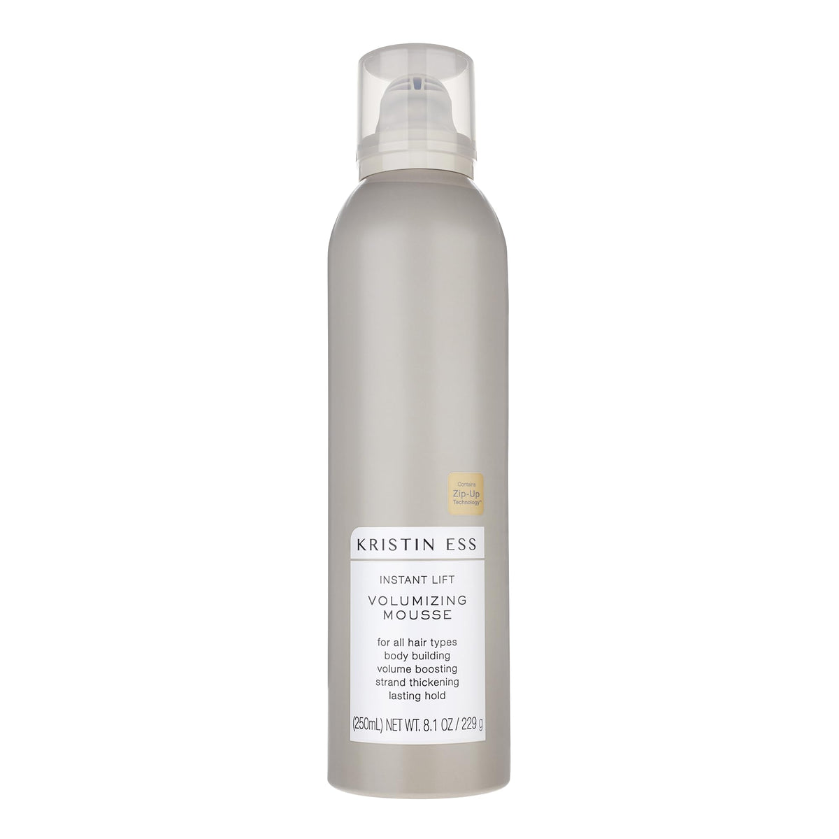 Kristin Ess bottle front view showing volumizing mousse and benefits