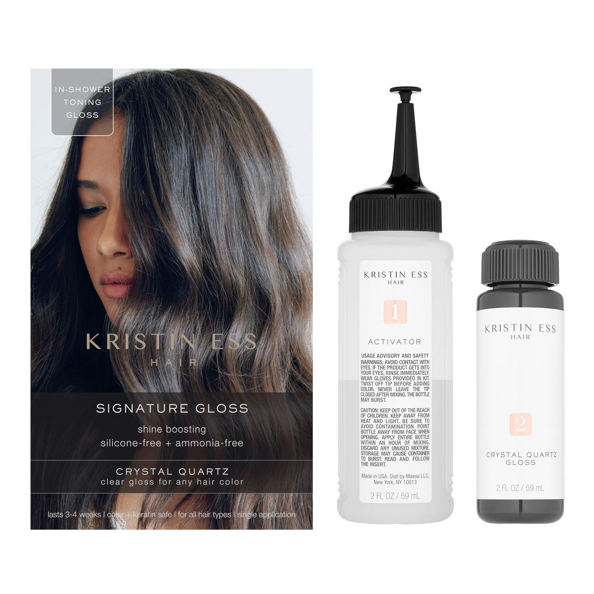 Kristin Ess two-part bottles open illustrating easy mix-and-apply convenience