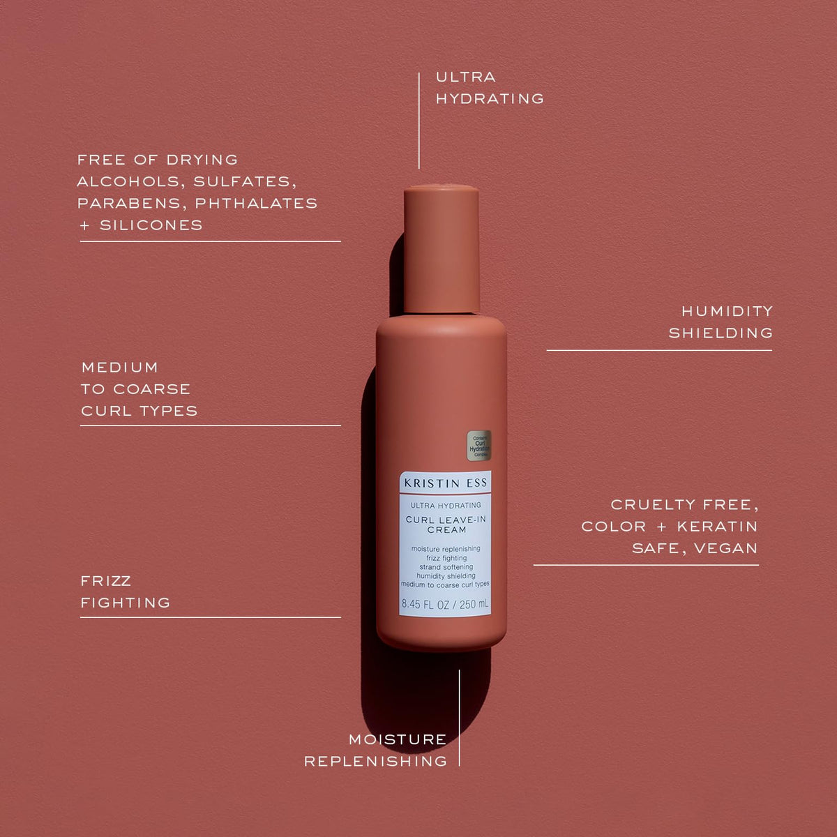 Kristin Ess cream texture on hand highlighting smooth slip and easy detangling