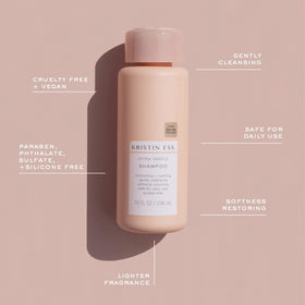 Kristin Ess shampoo in palm showing correct amount and size reference