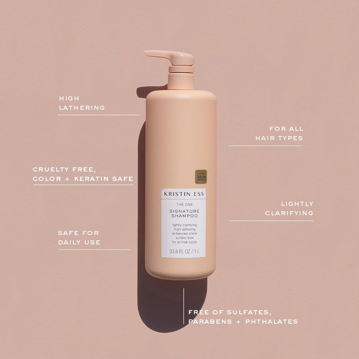Kristin Ess shampoo being poured dime-sized amount indicating concentrated formula and economical use benefit